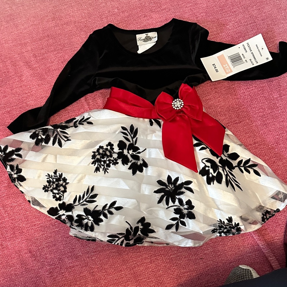 Rare Editions Black and White Dress with Red Bow